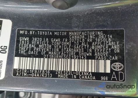 2014 Toyota Corolla Le z USA, uszkodzony, nr VIN 2T1BURHE5EC192143